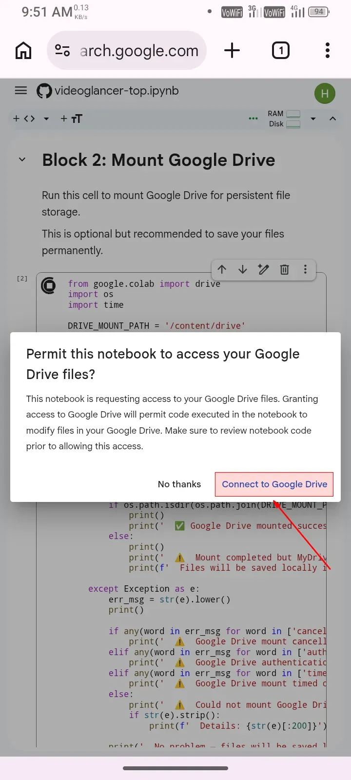 Click connect to google drive