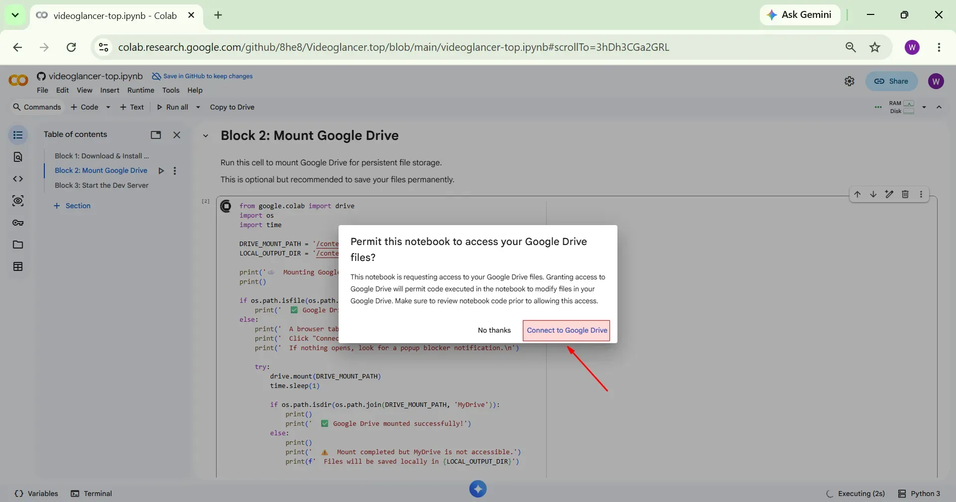 Click connect to google drive