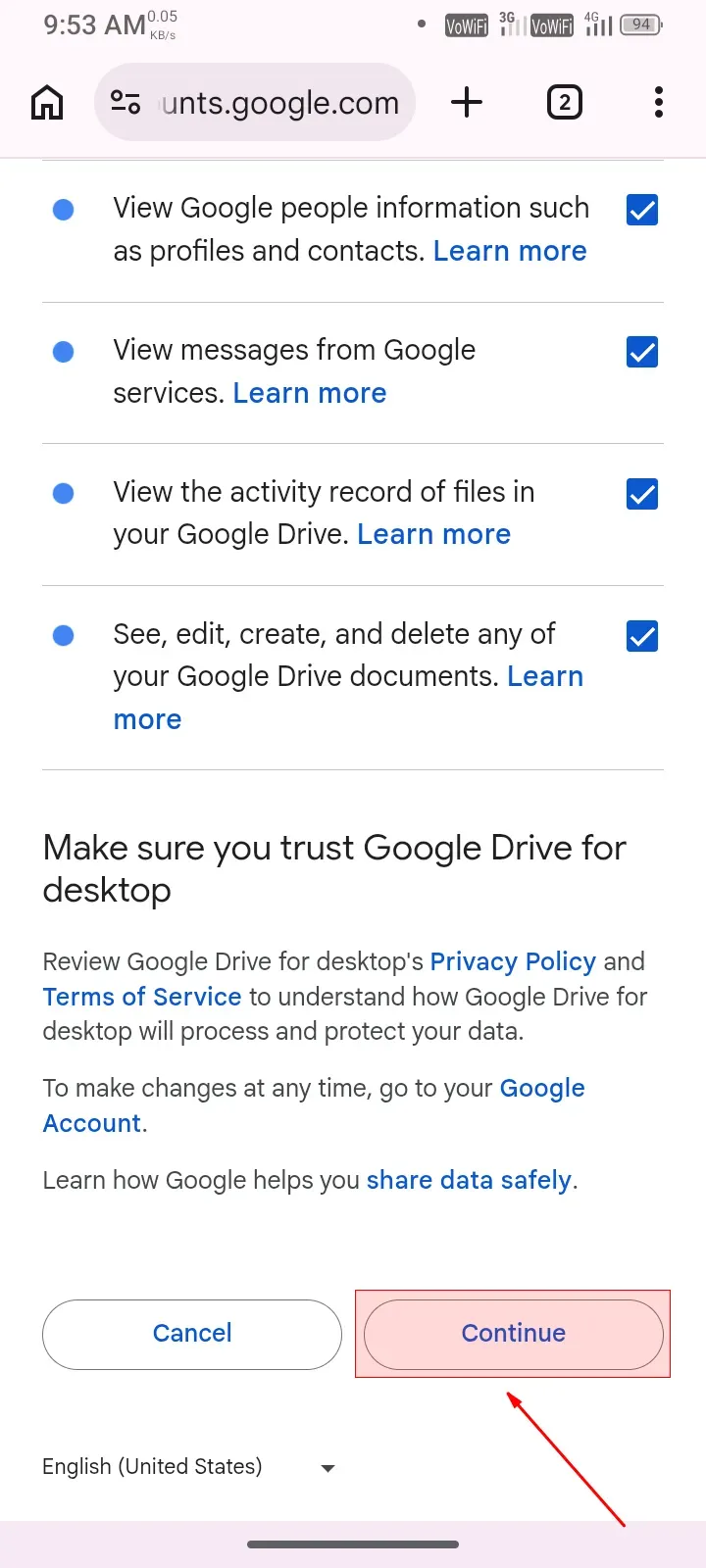 Google sign in click continue